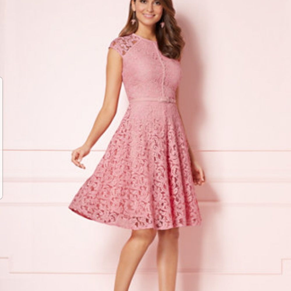Eva Mendes pink a line cap sleeve mid lace dress